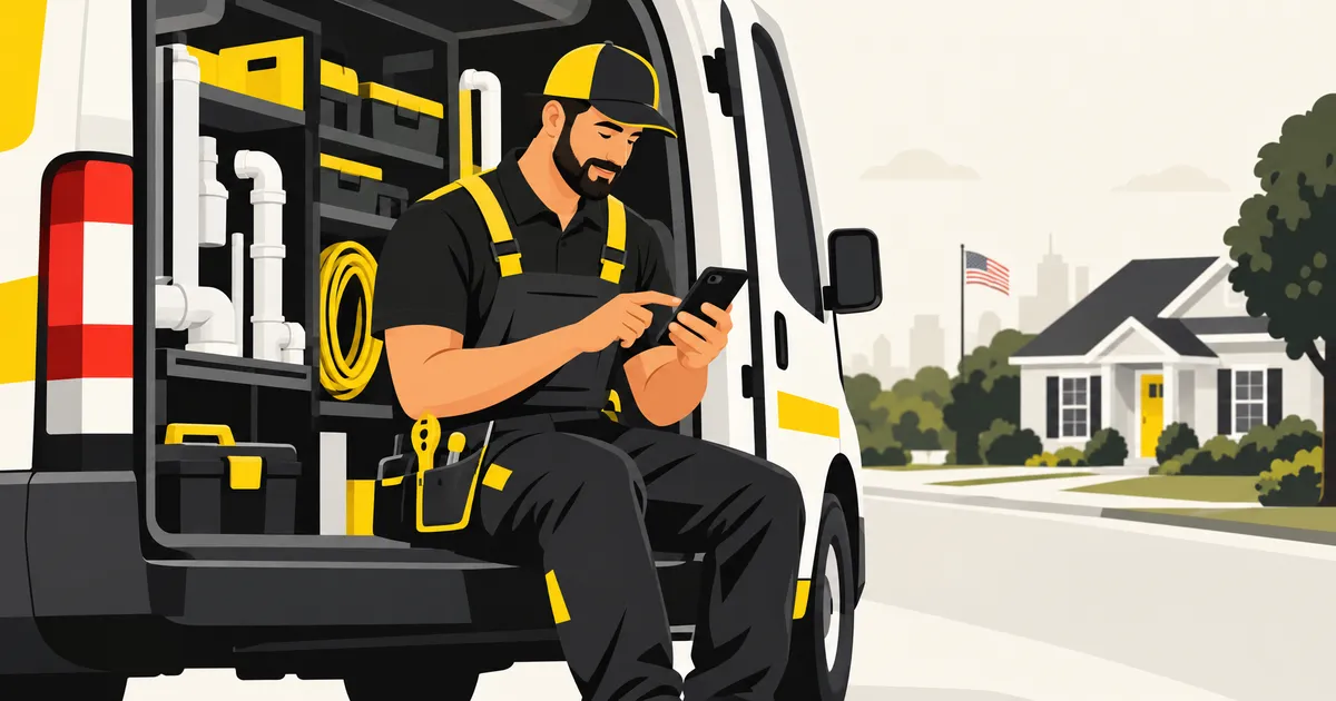 A plumber in a work van checking an ad budget on a phone between jobs