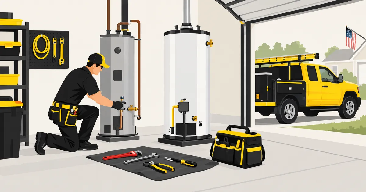 A plumber replacing a water heater in a garage, with tools laid out on the floor