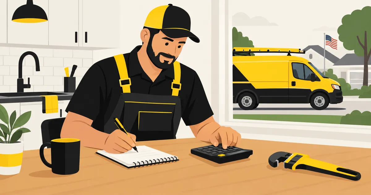 A plumber at a kitchen table working through numbers on a notepad with a calculator