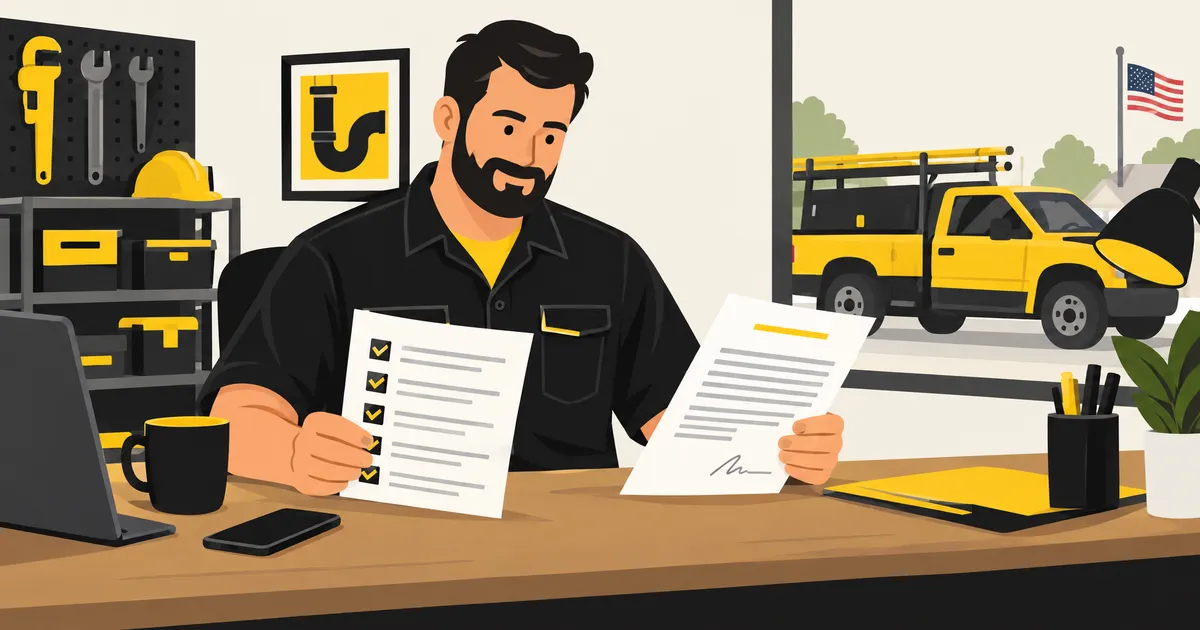 A plumbing shop owner at a desk after work, reading a printed checklist next to a marketing agency's contract
