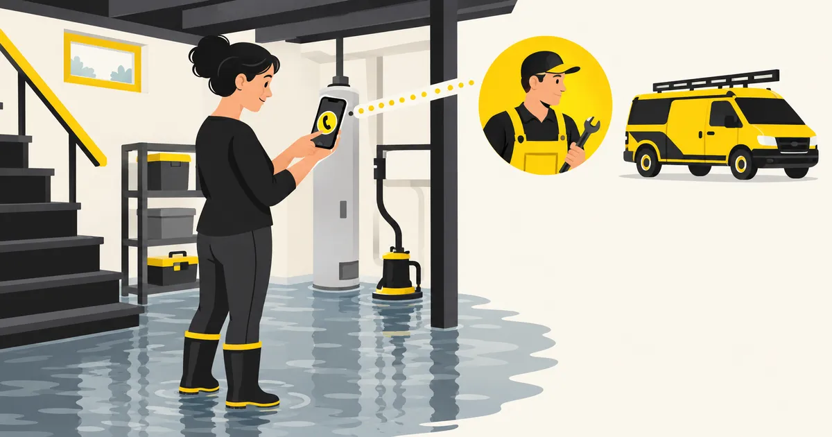A homeowner in a wet basement holding a phone, about to tap a plumber's call button