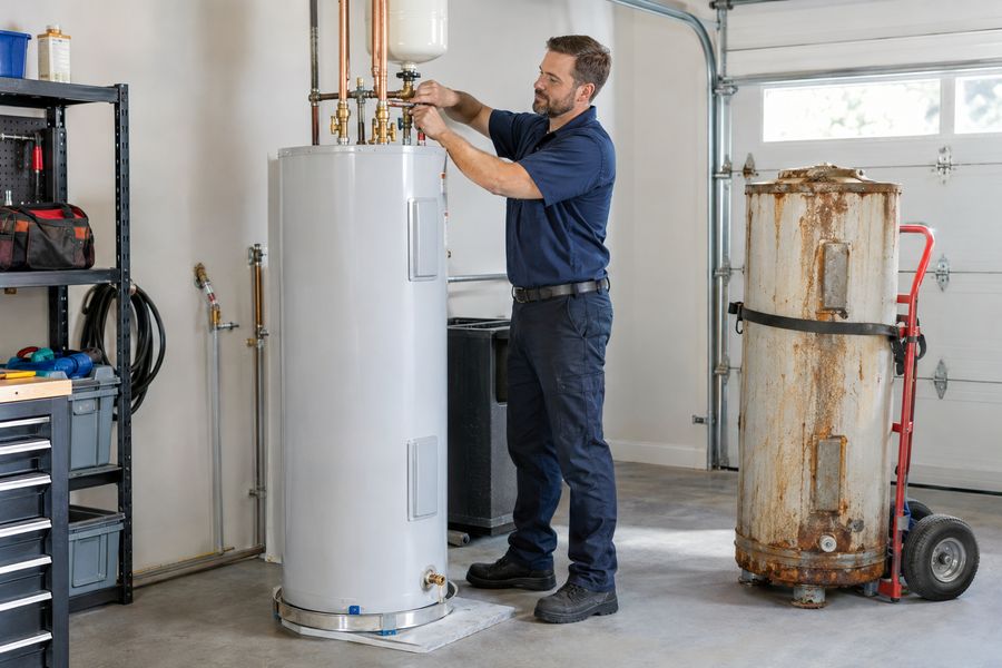 A plumber installing a new tank water heater in a garage, the old one on a hand truck