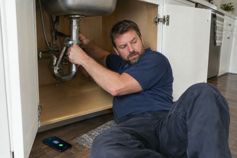 A plumber under a sink with both hands busy while his phone rings on the floor
